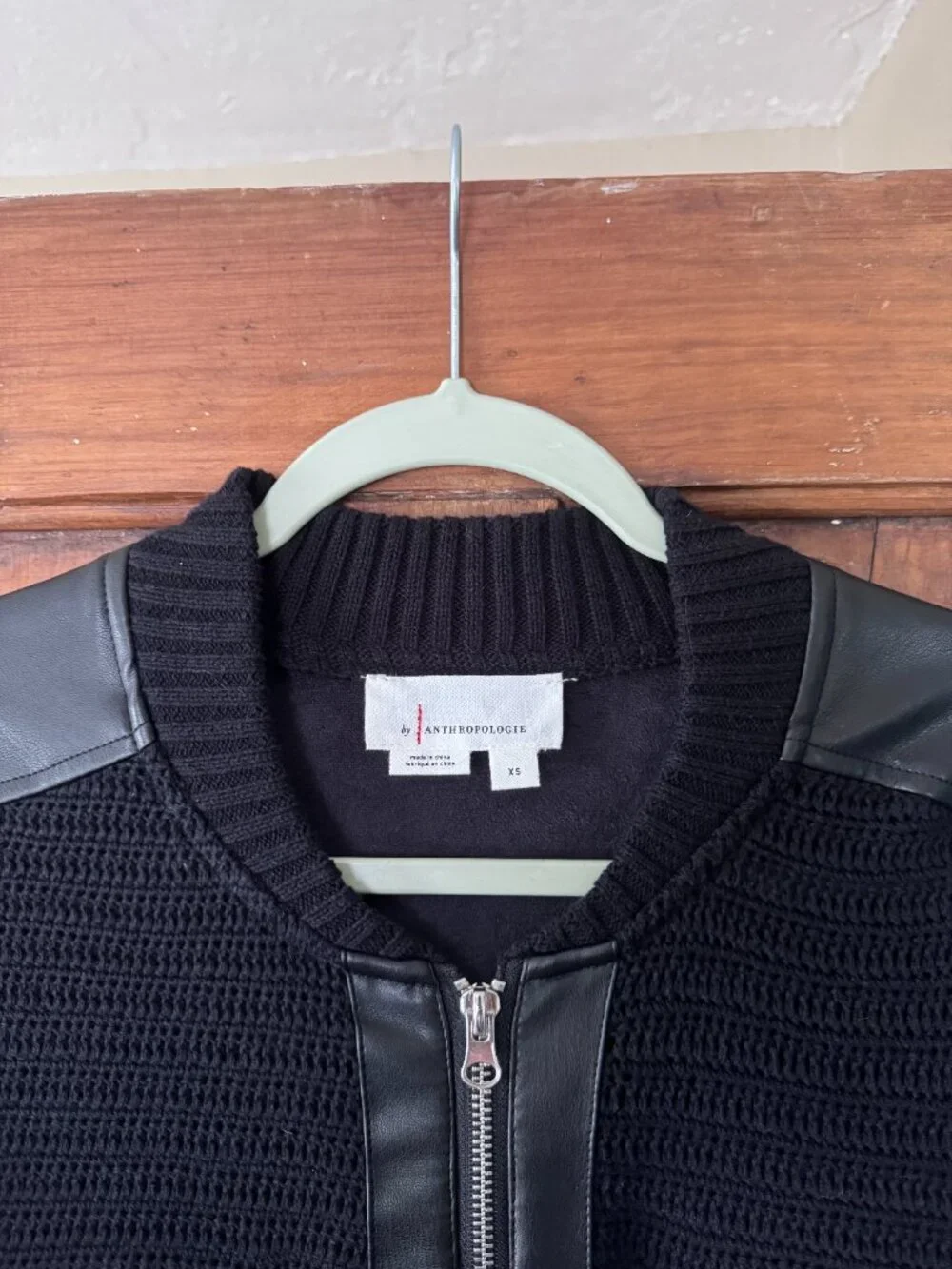 Anthropologie Black Knit Faux Leather Mixed Media Bomber Jacket XS - Picture 2 of 5